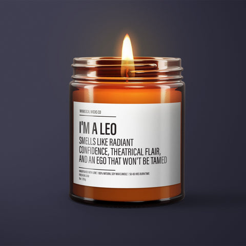 Leo Candle, Zodiac Gifts, Astrology Presents, Confident Scent, Theatrical Fragrance, Untamed Ego Aroma, Star Sign Candle, Leo Traits, Unique Gifts, Birthday Candle, Sassy Decor, Horoscope Candle, Novelty Soy Candle
