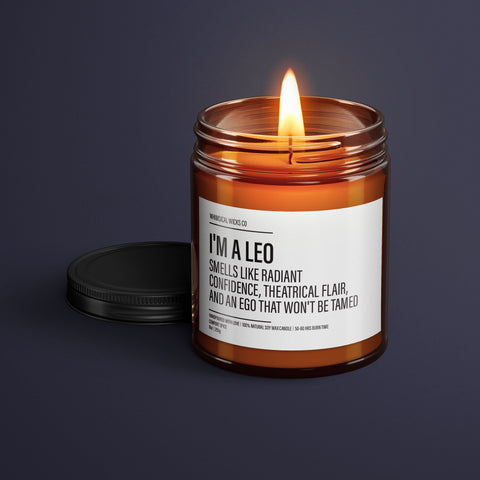 Leo Candle, Zodiac Gifts, Astrology Presents, Confident Scent, Theatrical Fragrance, Untamed Ego Aroma, Star Sign Candle, Leo Traits, Unique Gifts, Birthday Candle, Sassy Decor, Horoscope Candle, Novelty Soy Candle
