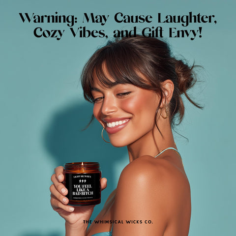 Funny candle with pink label that reads βYou Feel Like a Bad Bitchβ in bold yellow text, set on a stone with dried flowers and a cozy living room vibe. Perfect self-love or confidence-boosting gift for her. Aesthetic lifestyle shot designed to appeal to shoppers looking for empowering, sassy candles and funny gift ideas for women.
