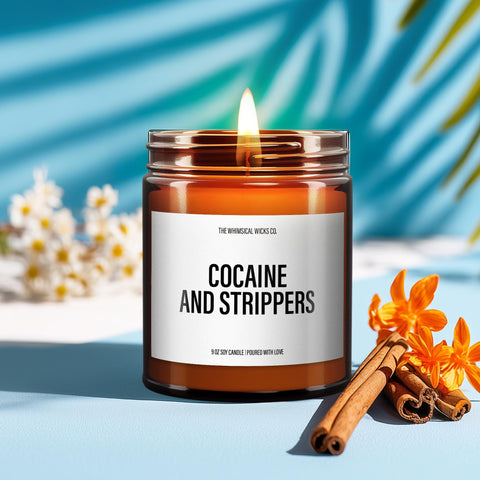 Amber glass jar candle with a pink label reading “Cocaine and Strippers,” lit and placed on a smooth stone surface with dried lavender nearby. Styled against a soft aqua background, the image gives off a bold, cheeky vibe—perfect for adult humor gifts, gag presents, or party-ready home decor with an edge.