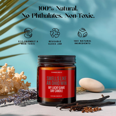 The candle displayed with icons: eco-friendly, reusable jar, non-toxic, and made with 100% natural ingredients. Clean branding for fans who care about sustainability and scent. A bold yet simple game day statement for football lovers.