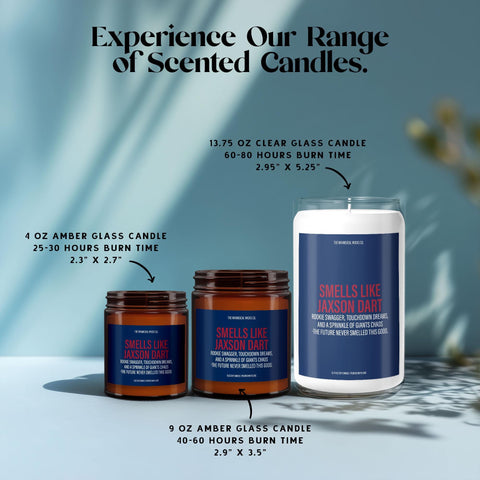 Amber 4oz and 9oz glass jar candles plus a 13.75oz clear glass jar candle, all labeled “Smells Like Jaxson Dart – Rookie swagger, touchdown dreams, and a sprinkle of Giants chaos,” shown together to highlight size options for customers wanting cheeky football candles.