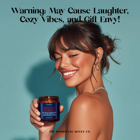 Smiling woman holding a 9oz amber glass jar candle labeled “Smells Like Jaxson Dart – Rookie swagger, touchdown dreams, and a sprinkle of Giants chaos,” creating a playful gifting moment, ideal for promoting as a cheeky NFL or football fan candle.