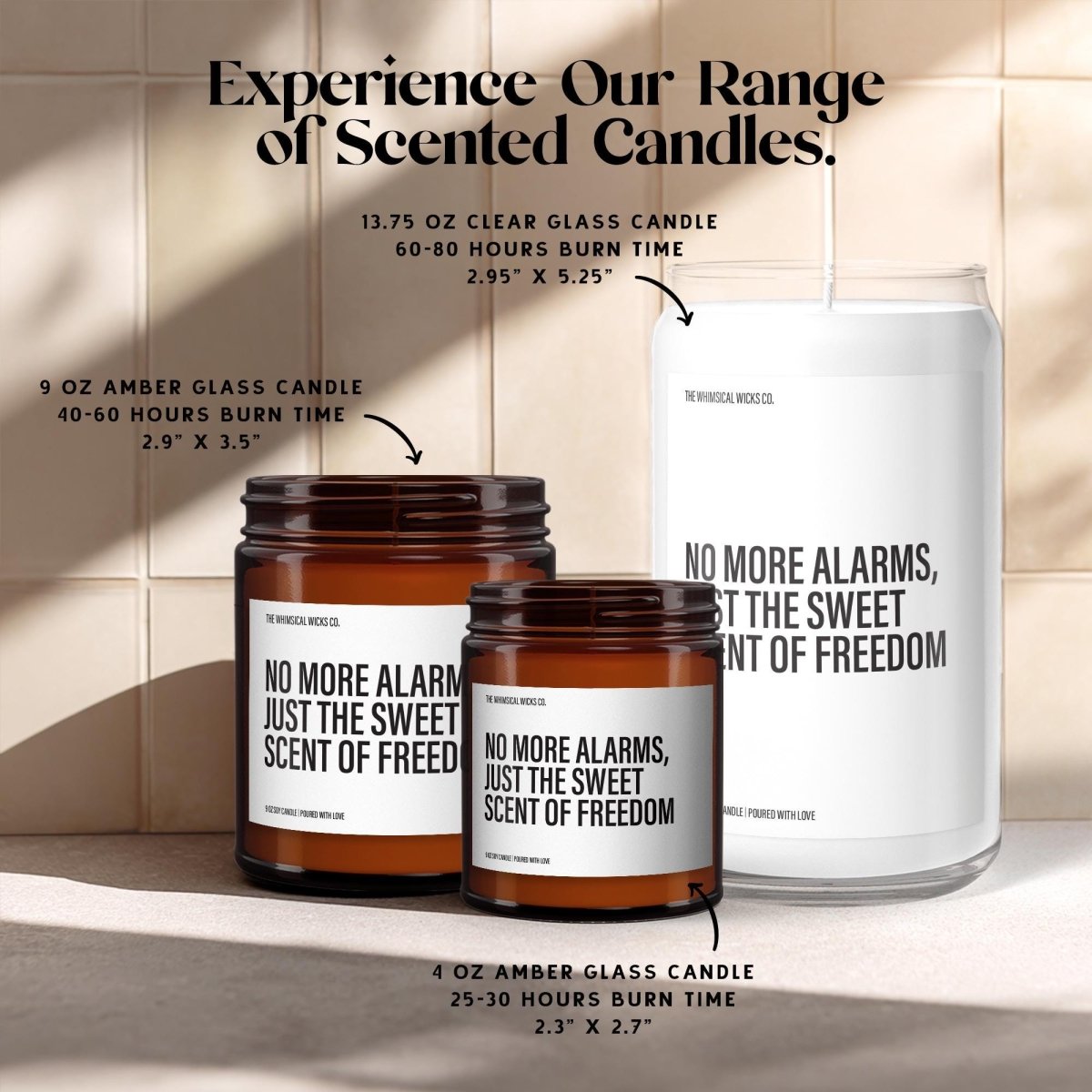 Retirement Candle | No More Alarms, Just The Sweet Scent of Freedom Candle Label | Funny Coworker Candles | Funny Gifts For Retirement - The Whimsical Wicks Co
