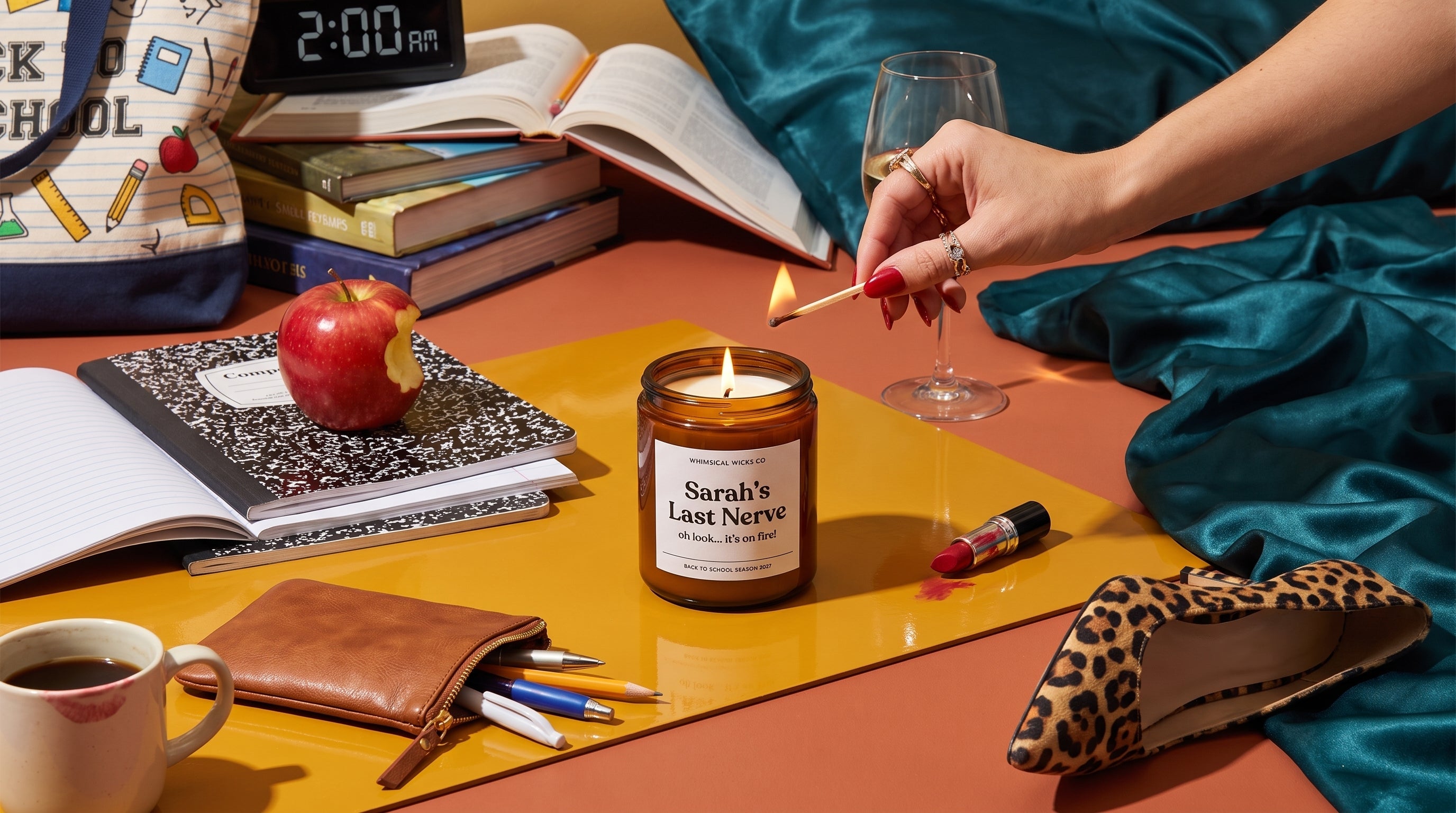Editorial banner photo of a Whimsical Wicks Co candle styled for Back to School Season 2027, featuring the "Last Nerve Candle" candle with stack of composition notebooks and a red apple prop — witty editorial gift photography.