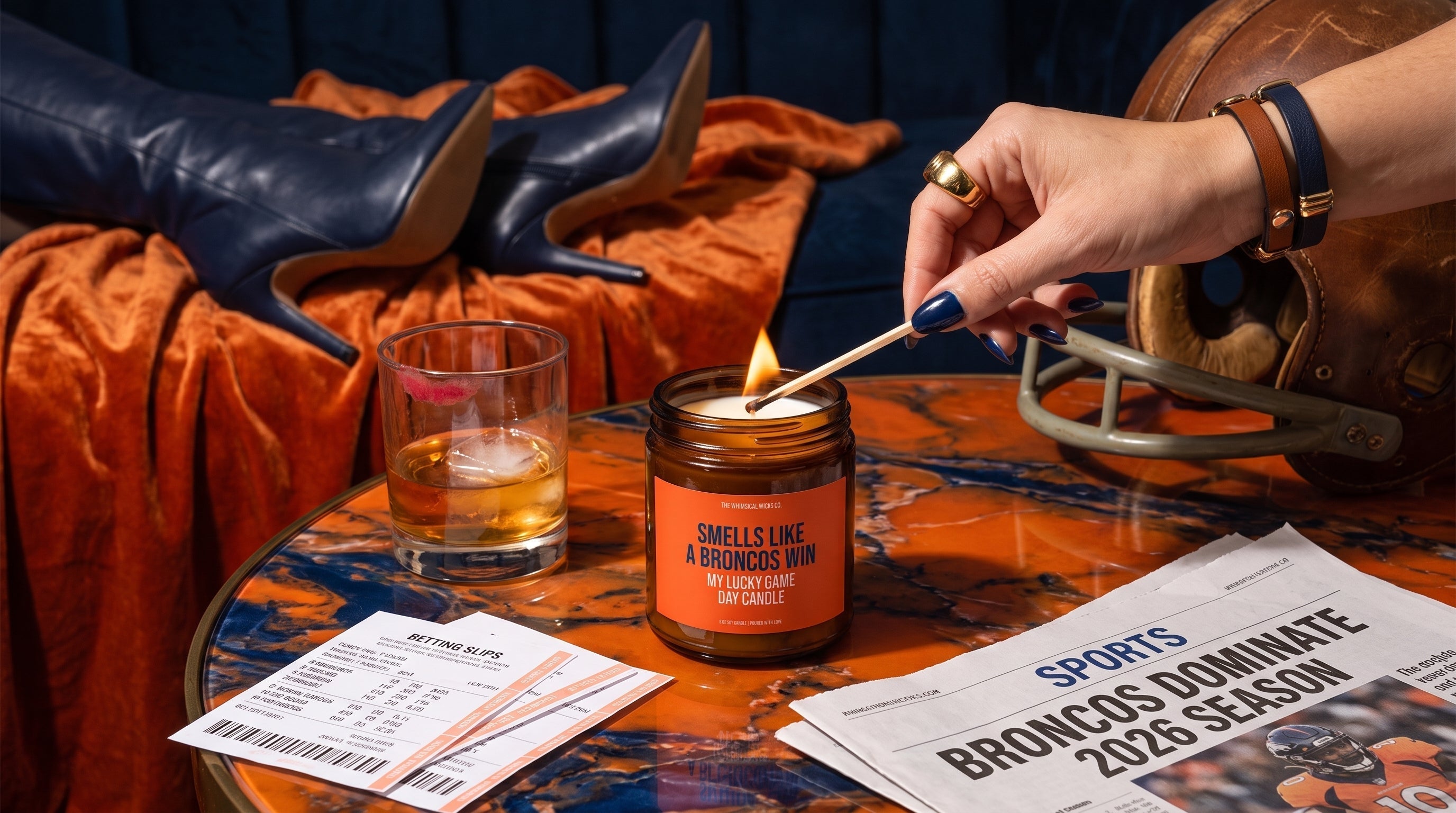Editorial banner photo of a Whimsical Wicks Co candle styled for Football Season 2026, featuring the "Smells Like A Broncos Win Candle" candle with vintage props and warm amber light — witty editorial gift photography.
