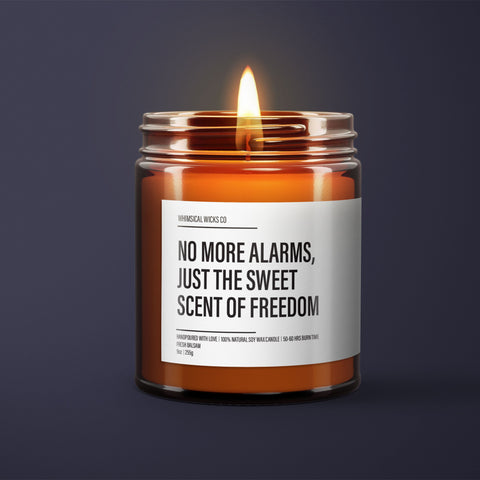 Retirement Candle | No More Alarms, Just The Sweet Scent of Freedom Candle Label | Funny Coworker Candles | Funny Gifts For Retirement