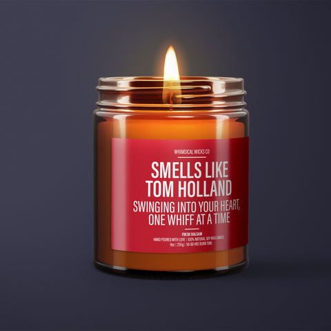 Soy Wax Candle, Tom Holland Scent, Celebrity Candle, Swinging Heartthrob, Eco Friendly Wax, Fandom Inspired, Actor Gift, Unique Home Fragrance, Fan Gift Idea, Pop Culture Decor, Marvel Scent, Whiff of Charm, Witty Celebrity Quote