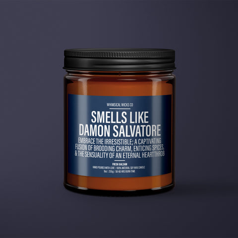 9oz soy candle, scented candle, Damon Salvatore, seductive fragrance, natural soy wax, TVD-inspired gift, sultry aroma, dark and handsome, bad boy vibes, romantic ambiance, vampire passion, eco-friendly candle, and unique gift