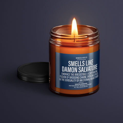 9oz soy candle, scented candle, Damon Salvatore, seductive fragrance, natural soy wax, TVD-inspired gift, sultry aroma, dark and handsome, bad boy vibes, romantic ambiance, vampire passion, eco-friendly candle, and unique gift