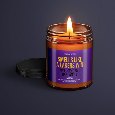 Lakers victory candle, basketball scented candle, game day aroma, natural soy candle, sports fan gift, Lakers game day, eco-friendly candle, handmade sports candle, Los Angeles Lakers scent, team spirit candle, basketball lover candle