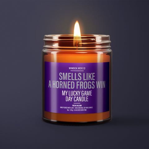 Horned Frogs victory candle, college football scent, game day aroma candle, natural soy wax candle, TCU fan gift, Horned Frogs game day, eco-friendly sports candle, handmade college candle, Texas Christian University aroma, team spirit candle, NCAA