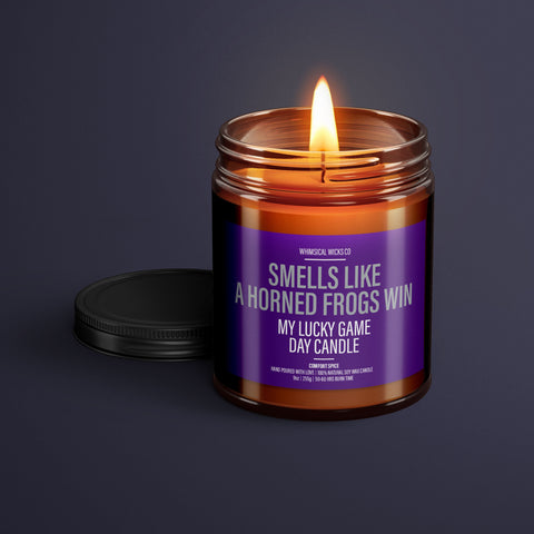 Horned Frogs victory candle, college football scent, game day aroma candle, natural soy wax candle, TCU fan gift, Horned Frogs game day, eco-friendly sports candle, handmade college candle, Texas Christian University aroma, team spirit candle, NCAA