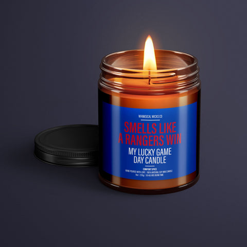 Rangers Victory Candle, Hockey Scented Soy, Game Day Aroma, Handmade Sports Candle, Eco-Friendly Wax, Rangers Fan Gift, Vegan Friendly Candle, Natural Hockey Scent, NHL Team Spirit, Unique Rangers Memorabilia, Ice Hockey Ambiance