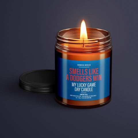 Dodgers victory candle, baseball scented candle, game day aroma, natural soy candle, sports fan gift, Dodgers game day, eco-friendly candle, handmade sports candle, Los Angeles Dodgers scent, team spirit candle, baseball lover candle, lucky Dodgers