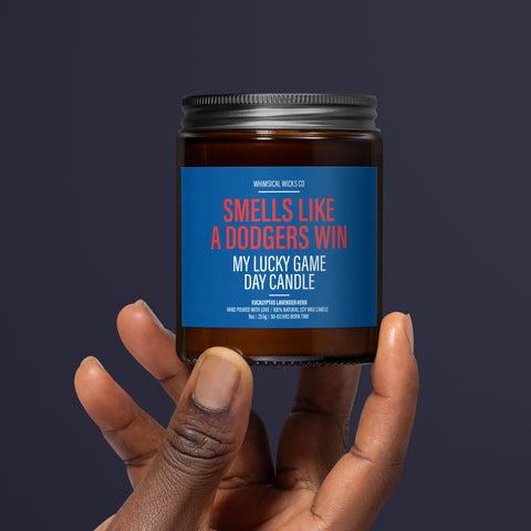 Dodgers victory candle, baseball scented candle, game day aroma, natural soy candle, sports fan gift, Dodgers game day, eco-friendly candle, handmade sports candle, Los Angeles Dodgers scent, team spirit candle, baseball lover candle, lucky Dodgers