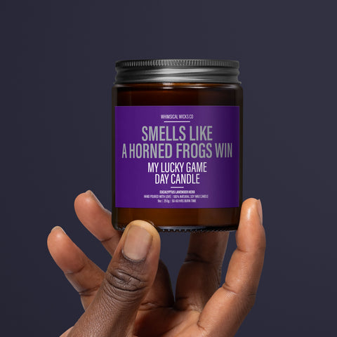 Horned Frogs victory candle, college football scent, game day aroma candle, natural soy wax candle, TCU fan gift, Horned Frogs game day, eco-friendly sports candle, handmade college candle, Texas Christian University aroma, team spirit candle, NCAA