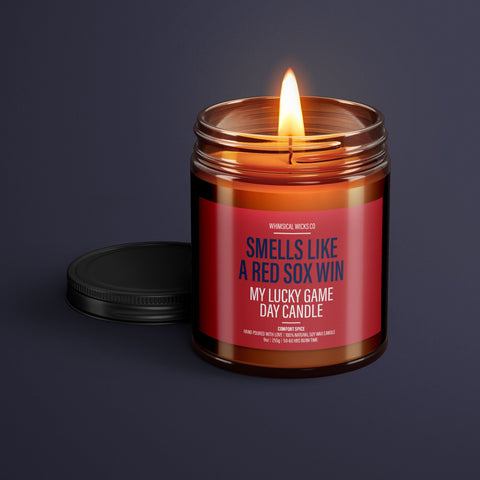 Red Sox candle, Soy wax candle, Game day scent, Baseball aroma, Lucky candle, Fenway Park vibe, Boston Red Sox, Natural candle, Eco-friendly, Hand-poured wax, Sports candle, Victory scent, Team spirit.