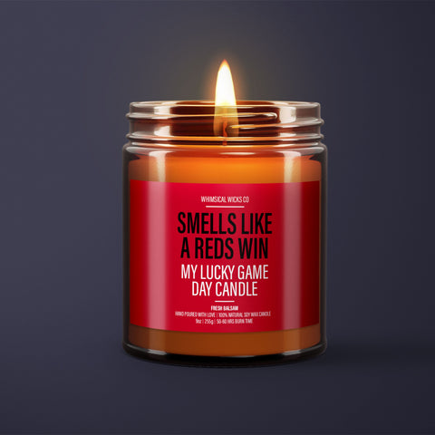 Smells Like A Reds Win Candle | Unique Gift Idea | MLB Reds Candle | Lucky Charm Candle | Game Day Decor | Baseball Themed Aroma