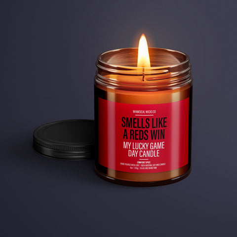 Smells Like A Reds Win Candle | Unique Gift Idea | MLB Reds Candle | Lucky Charm Candle | Game Day Decor | Baseball Themed Aroma