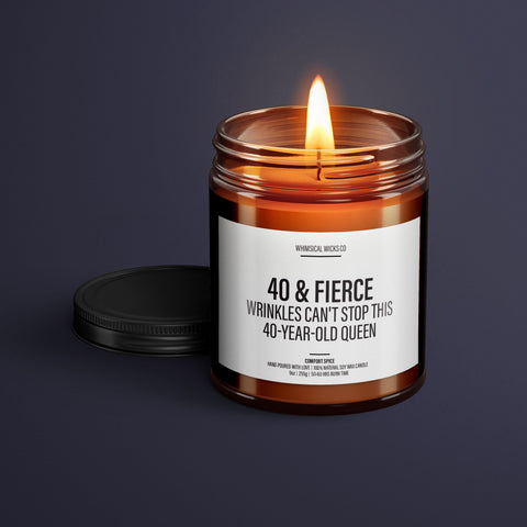 40th birthday gift funny, funny gift for her, birthday candle for women, sassy woman gift, empowering gift, self-care candle, soy wax candle natural, birthday gift ideas, milestone birthday gift, funny menopause gift, wrinkles who?, 40 & fierce