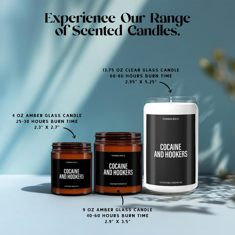 Amber glass jar candle with a pink label that reads “Cocaine and Hookers” in bold text, lit and placed on a smooth stone with dried lavender nearby, styled against a soft aqua background. Playful, edgy, and perfect for adult humor gifts or novelty candle lovers.
