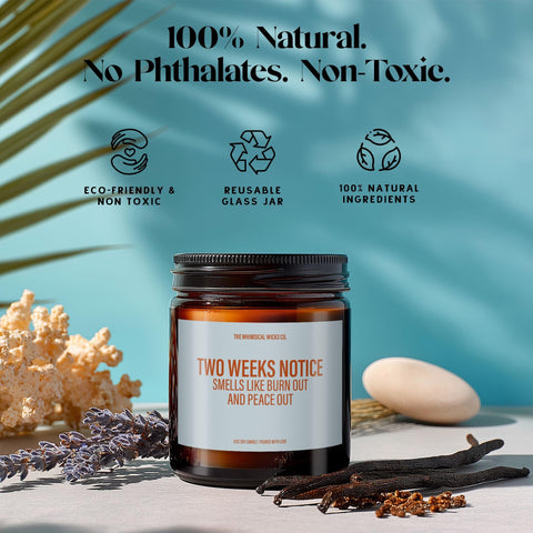 Close-up of “Two Weeks Notice: Smells Like Burnout and Peace Out” candle beside natural ingredients and icons highlighting: Eco-Friendly, Reusable Jar, and 100% Natural Ingredients.