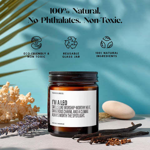 Product hero shot featuring candle labeled "I’m a Leo — Smells like royal foreplay, main character energy, and a climax that always steals the show", styled with icons for eco-friendly, reusable, and non-toxic benefits.