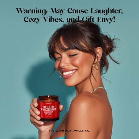 Woman smiling while holding the 9oz amber glass “Smells Like A Wisconsin Win – My Lucky Game Day Candle.” Caption reads “Warning: May Cause Laughter, Cozy Vibes, and Gift Envy.” Fun, sporty energy for die-hard Wisconsin fans and tailgate gift shoppers. Unique and funny football-themed candle.