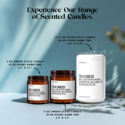 Display of all three candle sizes (4oz, 9oz, and 13.75oz) with the "I'm a Cancer" label, burn time info, and reusable glass jars against a serene blue background.