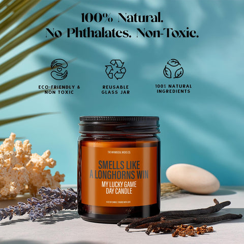 Funny sports candle that reads “Smells Like a Longhorns Win,” set against a spa-inspired background with text overlays for natural ingredients and eco-friendly jar.