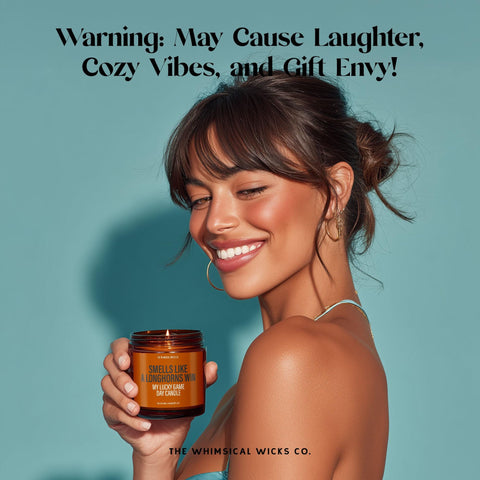 Smiling woman holding the “Smells Like a Longhorns Win” candle – styled for fans who love team spirit, cheeky humor, and aromatic touchdowns.