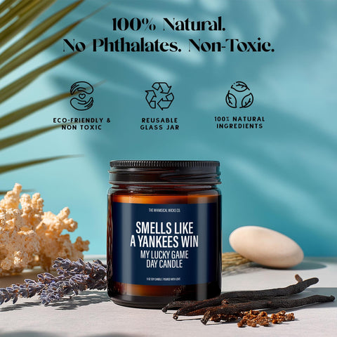 “Smells Like a Yankees Win” candle showcased with overlay text calling out natural soy wax, reusable jar, and clean burn—eco-conscious with edge.