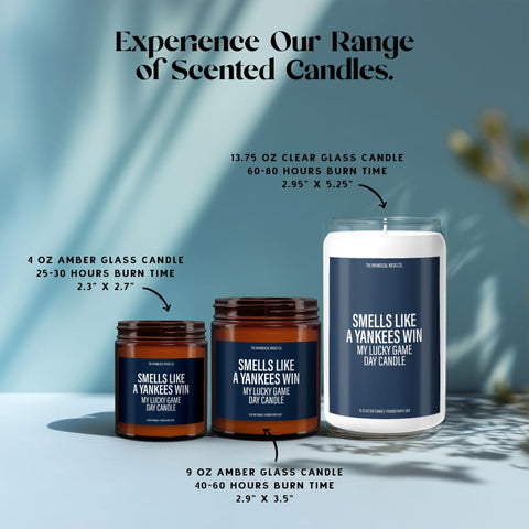 Side-by-side size display of candles with the “Smells Like a Yankees Win” label—includes burn time estimates for each jar.