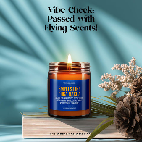 Amber glass jar candle labeled “Smells Like Puka Nacua – Record-breaking routes, sticky hands, and a dash of rookie legend energy” placed on an open book with sprigs of lavender, styled for a cozy vibe, ideal for cheeky Rams or NFL fan decor.