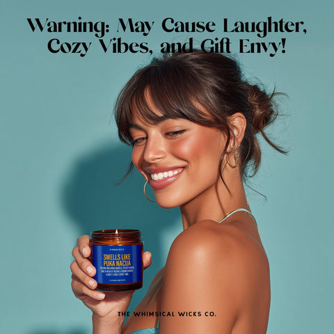 Smiling woman holding a 9oz amber glass jar candle labeled “Smells Like Puka Nacua – Record-breaking routes, sticky hands, and a dash of rookie legend energy,” creating a playful gifting moment, ideal for promoting as a cheeky NFL or football fan candle.
